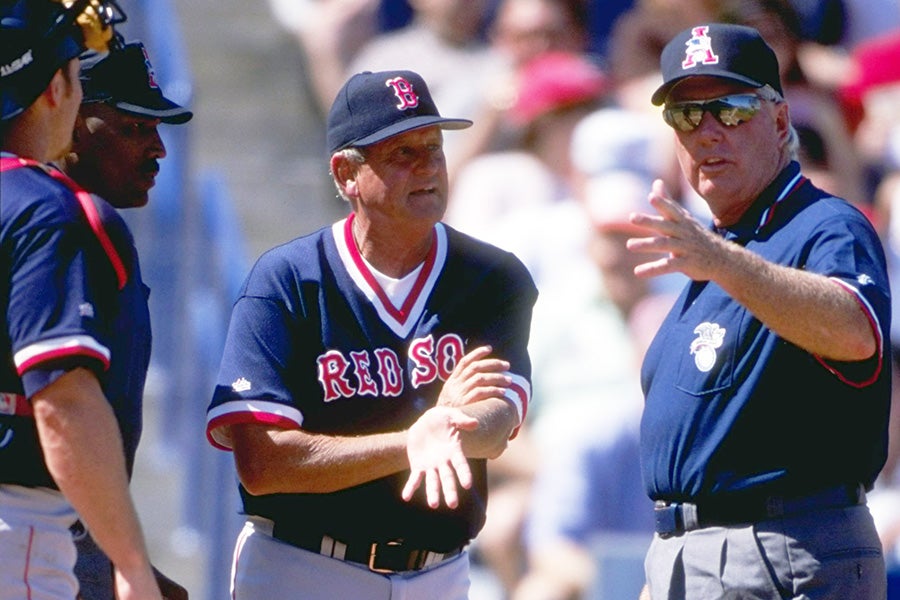 Manager Jimy Williams of the Boston Red Sox talking at home plate during the Spring Training game against the New York Yankees at Legends Field in Tampa, Florida on March 6, 1999. The Red Sox defeated the Yankees 7-4. (Jed Jacobsohn/Getty Images)