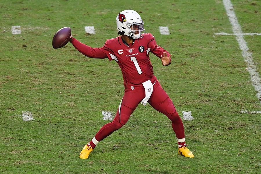 GLENDALE, ARIZONA - NOVEMBER 15: Quarterback Kyler Murray #1 of the Arizona Cardinals looks to pass during the second half against the Buffalo Bills at State Farm Stadium on November 15, 2020 in Glendale, Arizona. (Photo by Norm Hall/Getty Images)