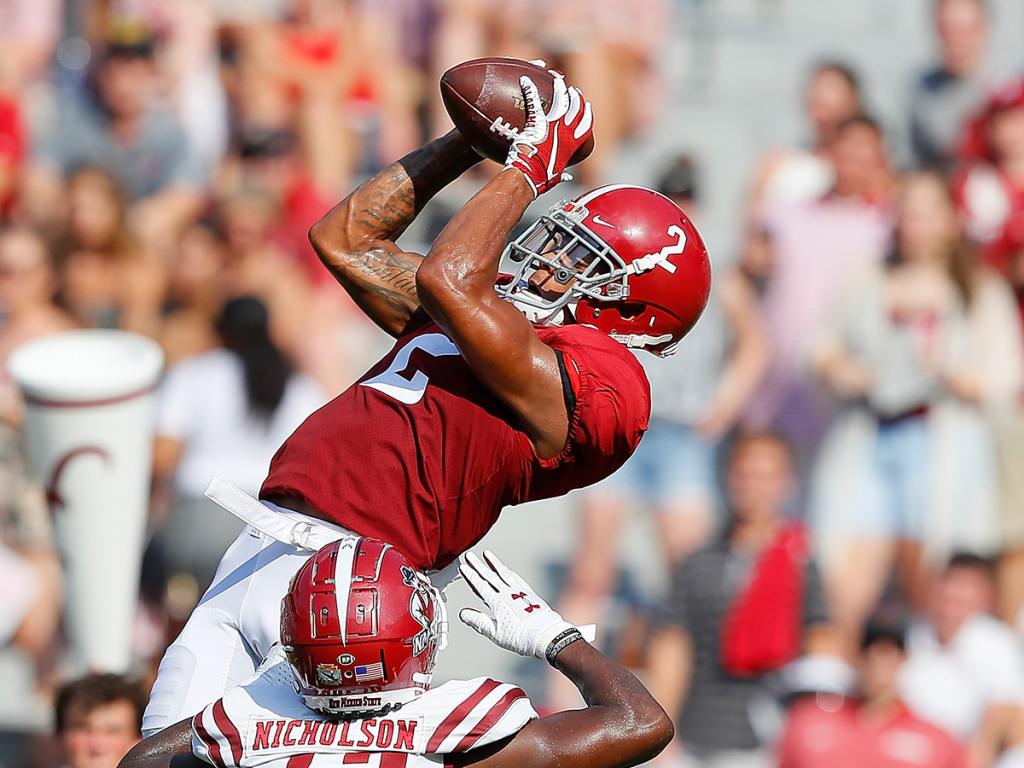 TUSCALOOSA, ALABAMA - SEPTEMBER 07: Patrick Surtain II #2 of the Alabama Crimson Tide intercepts this reception intended for Tony Nicholson #13 of the New Mexico State Aggies in the first half at Bryant-Denny Stadium on September 07, 2019 in Tuscaloosa, Alabama. (Photo by Kevin C. Cox/Getty Images)