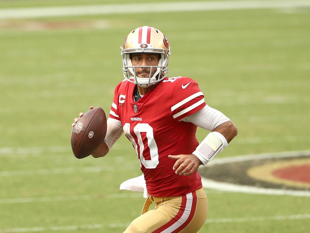 SANTA CLARA, CALIFORNIA - SEPTEMBER 13: Jimmy Garoppolo #10 of the San Francisco 49ers in action against the Arizona Cardinals at Levi's Stadium on September 13, 2020 in Santa Clara, California. (Photo by Ezra Shaw/Getty Images)