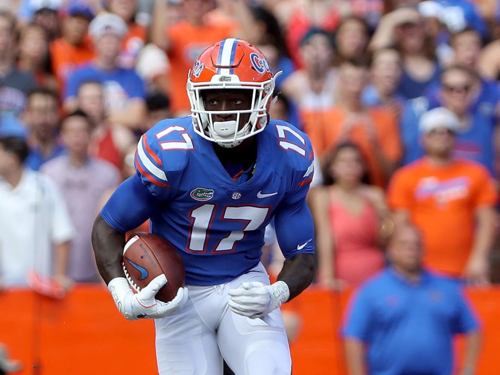 Slot receivers in the NFL Draft: GAINESVILLE, FL - OCTOBER 07: Kadarius Toney #17 of the Florida Gators rushes for yardage during the game against the LSU Tigers at Ben Hill Griffin Stadium on October 7, 2017 in Gainesville, Florida. (Photo by Sam Greenwood/Getty Images)