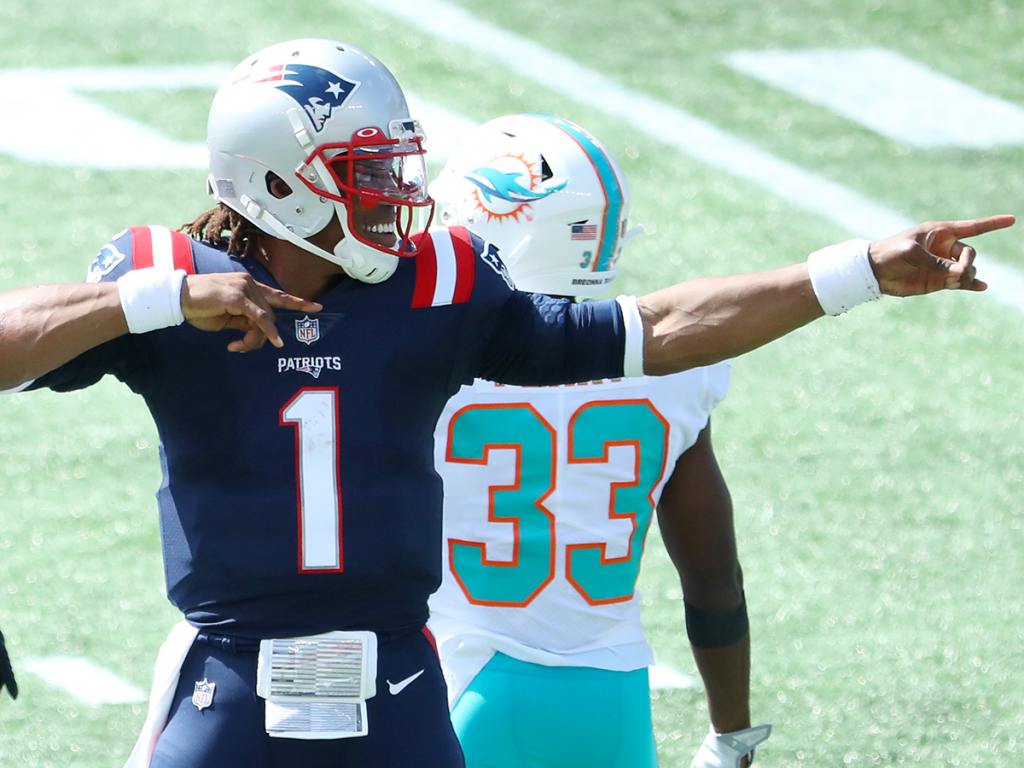 Cam Newton #1 of the New England Patriots reacts during the first half against the Miami Dolphins at Gillette Stadium on September 13, 2020 in Foxborough, Massachusetts. (Photo by Maddie Meyer/Getty Images)