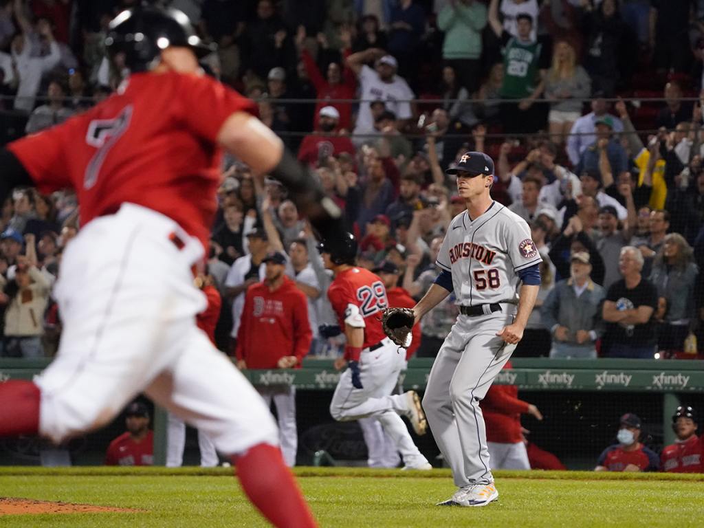 Jun 10, 2021; Boston, Massachusetts, USA; Boston Red Sox third baseman Bobby Dalbec (29) hits a double off of Houston Astros relief pitcher Brooks Raley (58) to drive in two runs in the sixth inning at Fenway Park. Mandatory Credit: David Butler II-USA TODAY Sports