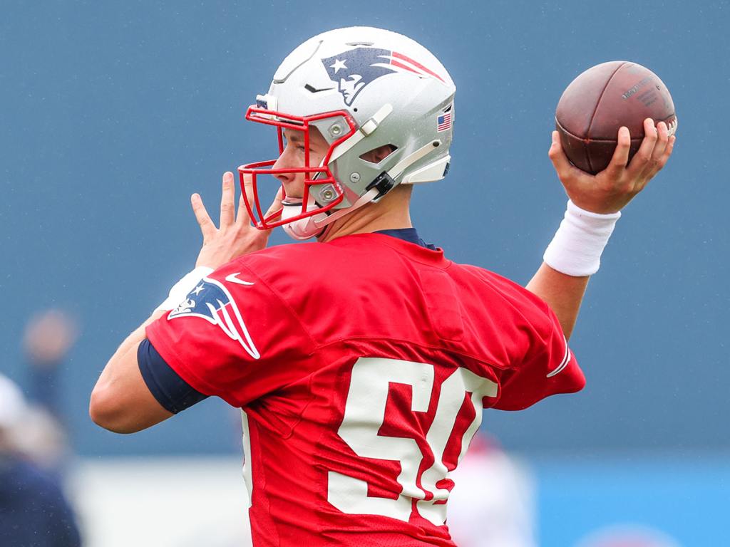 Jul 28, 2021; Foxborough, MA, United States; New England Patriots quarterback Mac Jones (50) during training camp at Gillette Stadium. Mandatory Credit: Paul Rutherford-USA TODAY Sports