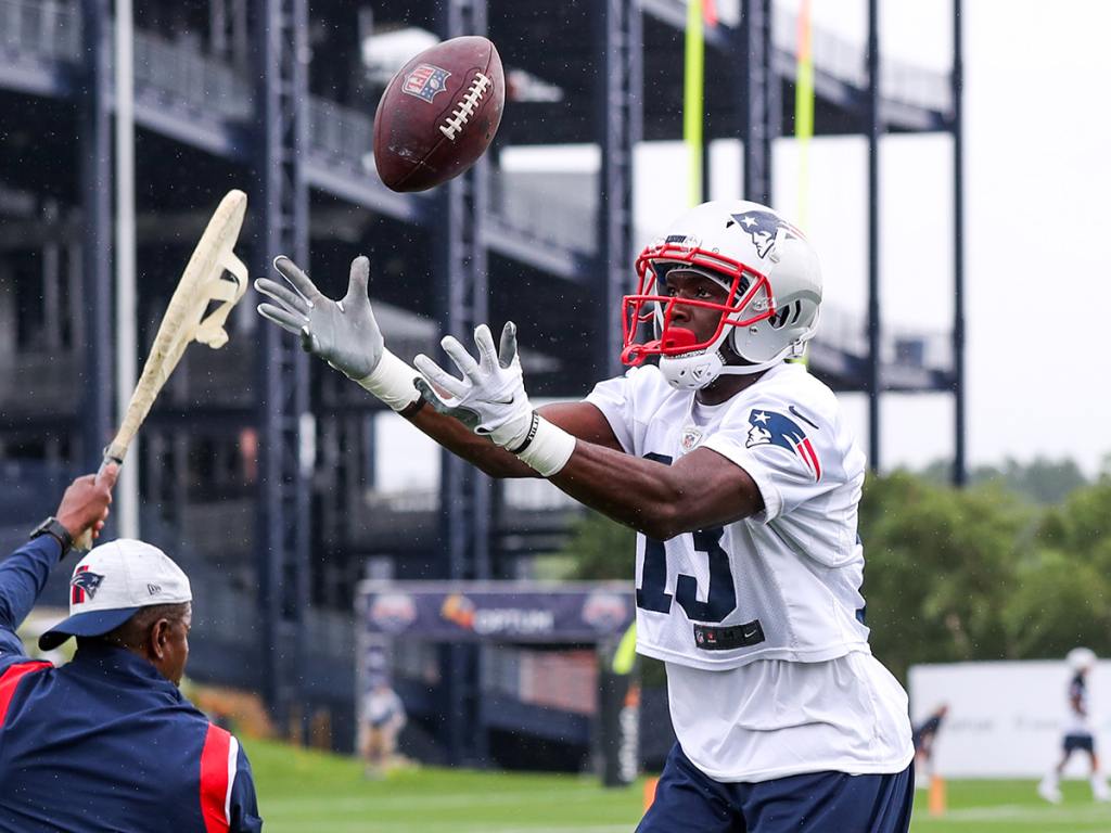 Jul 28, 2021; Foxborough, MA, United States; New England Patriots receiver Nelson Agholor (13) catches a pass during training camp at Gillette Stadium. Mandatory Credit: Paul Rutherford-USA TODAY Sports