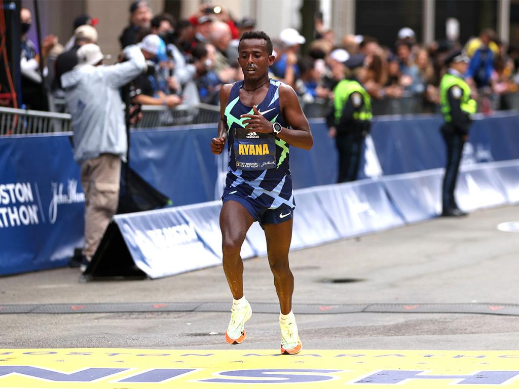 BOSTON, MASSACHUSETTS - OCTOBER 11: Tsedat Ayana of Ethiopia crosses the finish line for fourth place during the 125th Boston Marathon on October 11, 2021 in Boston, Massachusetts. (Photo by Maddie Meyer/Getty Images)