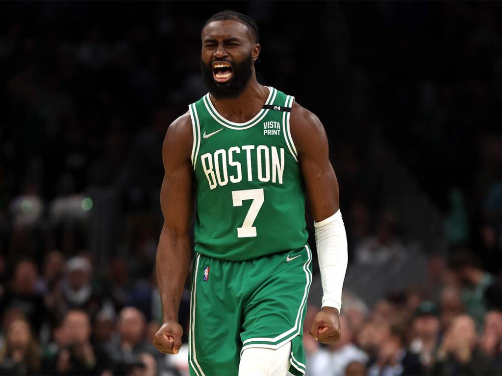 BOSTON, MASSACHUSETTS - MAY 03: Jaylen Brown #7 of the Boston Celtics celebrates after scoring against the Milwaukee Bucks during the second quarter of Game Two of the Eastern Conference Semifinals at TD Garden on May 03, 2022 in Boston, Massachusetts. NOTE TO USER: User expressly acknowledges and agrees that, by downloading and or using this photograph, User is consenting to the terms and conditions of the Getty Images License Agreement. (Photo by Maddie Meyer/Getty Images)