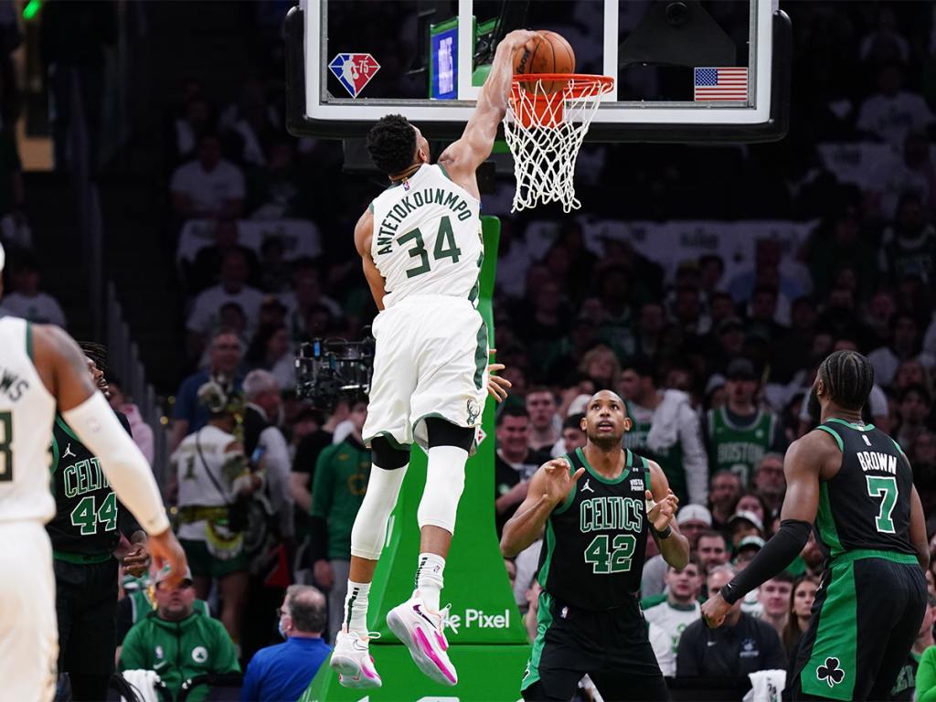 May 1, 2022; Boston, Massachusetts, USA; Milwaukee Bucks forward Giannis Antetokounmpo (34) shoots against the Boston Celtics in the first quarter during game one of the second round for the 2022 NBA playoffs at TD Garden. Mandatory Credit: David Butler II-USA TODAY Sports