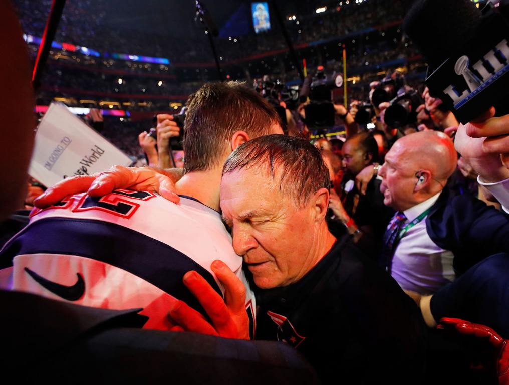 ATLANTA, GA - FEBRUARY 03: Tom Brady #12 of the New England Patriots talks to head coach Bill Belichick of the New England Patriots after the Patriots defeat the Rams 13-3 during Super Bowl LIII at Mercedes-Benz Stadium on February 3, 2019 in Atlanta, Georgia. (Photo by Kevin C. Cox/Getty Images)