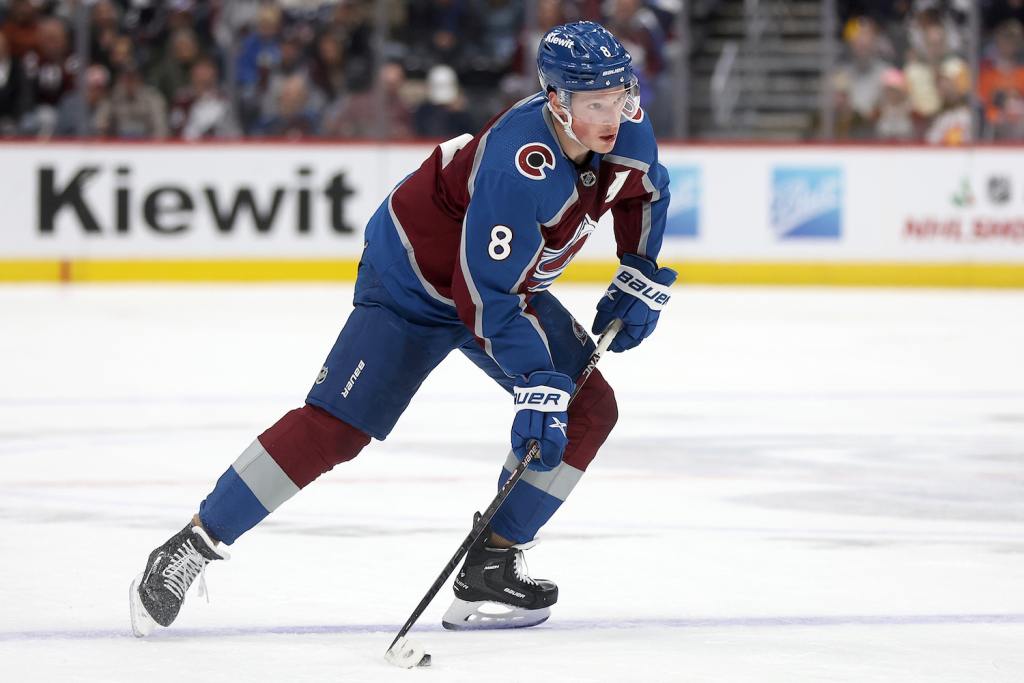 DENVER, COLORADO - DECEMBER 09: Cale Makar #8 of the Colorado Avalanche plays the Philadelphia Flyers in the second period at Ball Arena on December 09, 2023 in Denver, Colorado. (Photo by Matthew Stockman/Getty Images)