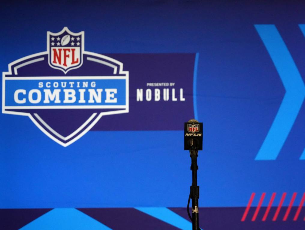 Feb 27, 2024; Indianapolis, IN, USA; Empty media press conference podiums during the NFL Scouting Combine at Indiana Convention Center. Credit: Kirby Lee-USA TODAY Sports