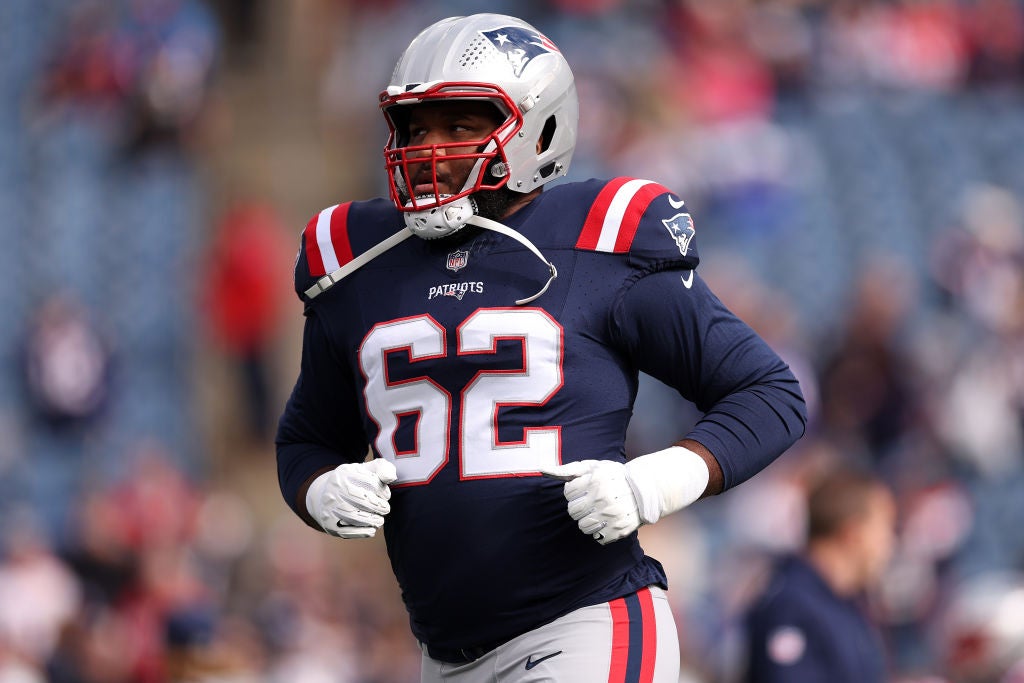 FOXBOROUGH, MASSACHUSETTS - OCTOBER 22: New England Patriots guard Sidy Sow #62 warms up before the game against the Buffalo Bills at Gillette Stadium on October 22, 2023 in Foxborough, Massachusetts. (Photo by Maddie Meyer/Getty Images)