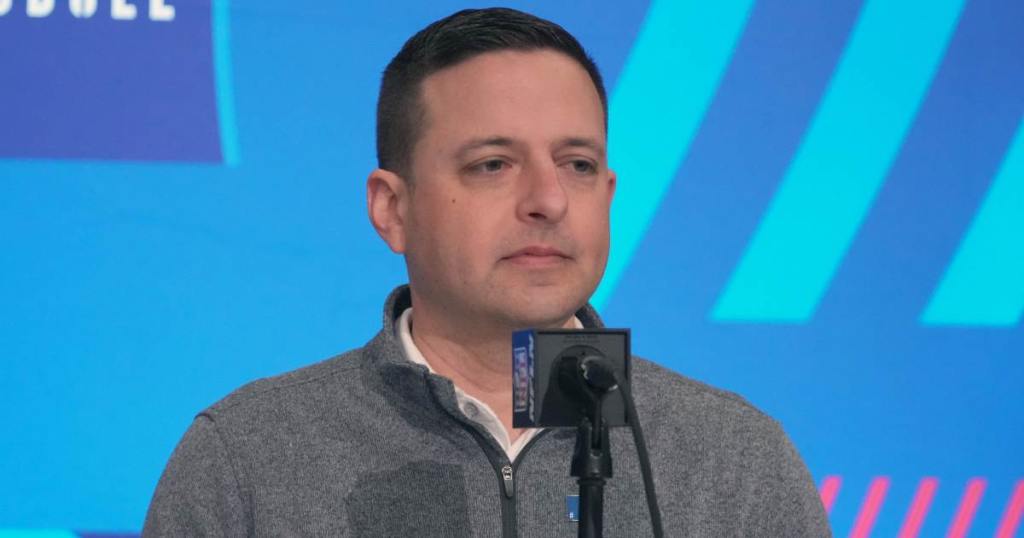 Feb 27, 2024; Indianapolis, IN, USA; New England Patriots director of scouting Eliot Wolf during the NFL Scouting Combine at Indiana Convention Center. Credit: Kirby Lee-USA TODAY Sports