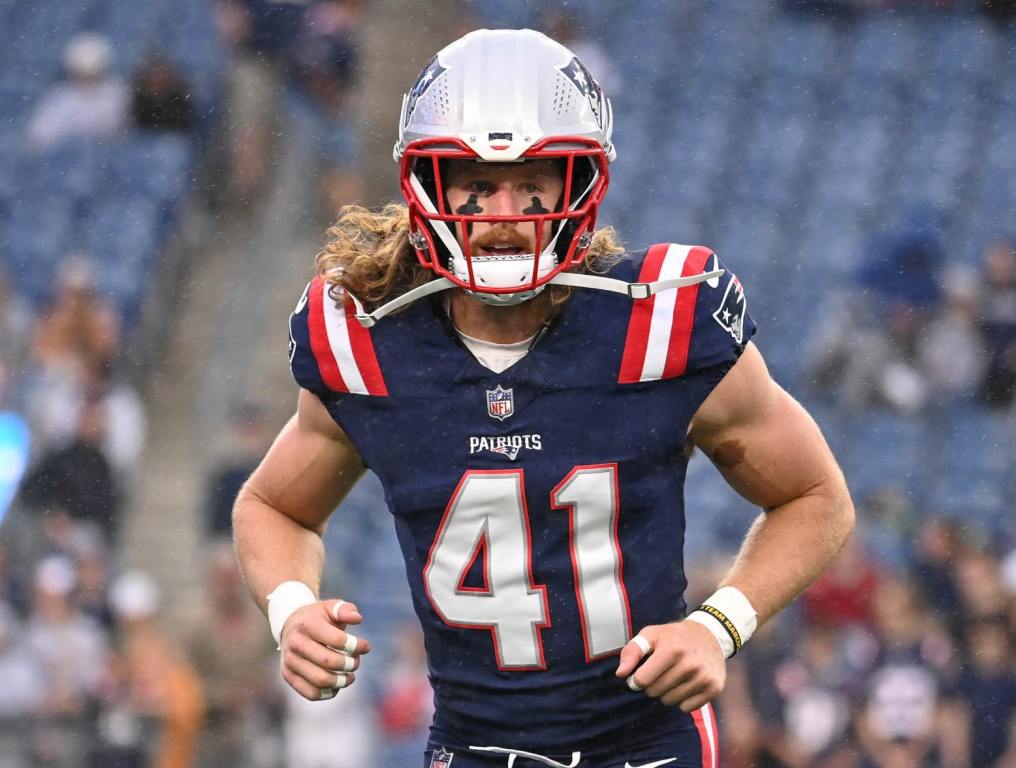 August 8, 2024; Foxborough, MA, USA; New England Patriots safety Brenden Schooler (41) warms up before a game against the Carolina Panthers at Gillette Stadium. Credit: Eric Canha-USA TODAY Sports