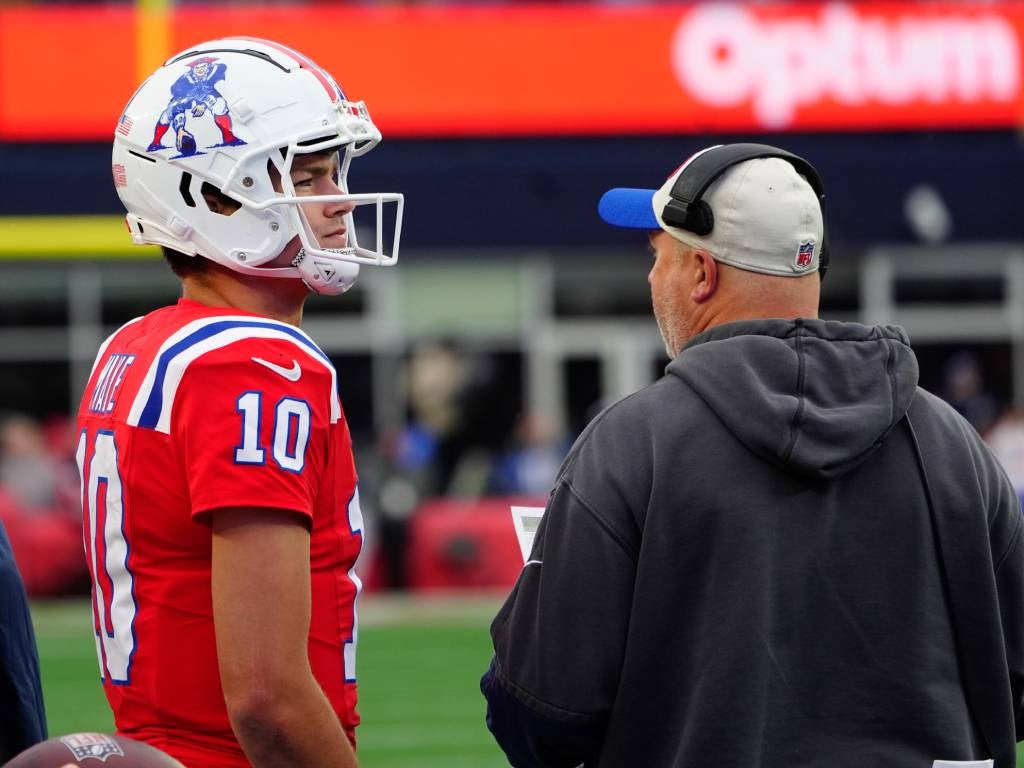 Oct 13, 2024; Foxborough, Massachusetts, USA; New England Patriots quarterback Drake Maye (10) on the sidelines with New England Patriots offensive coordinator Alex Van Pelt during the second half against the Houston Texans at Gillette Stadium. Photo Credit: Gregory Fisher-Imagn Images