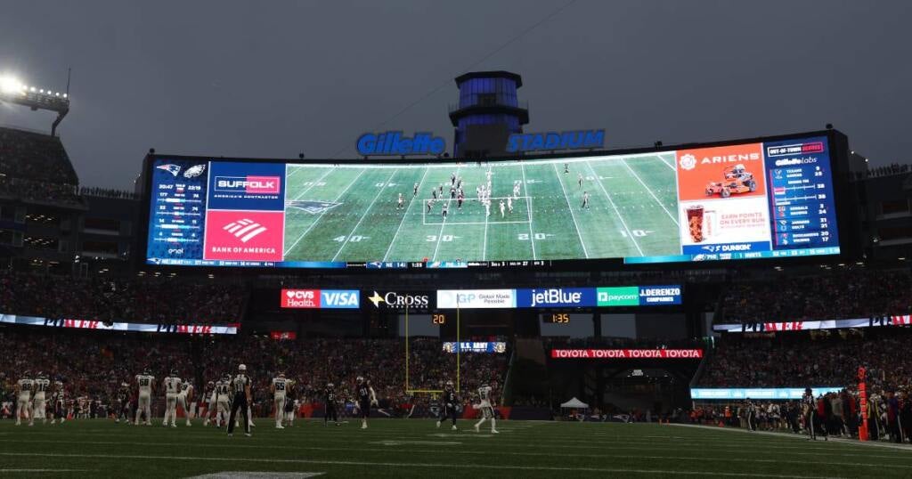 FOXBOROUGH, MASSACHUSETTS - SEPTEMBER 10: A new video board sits over the field during a game between the New England Patriots and the Philadelphia Eagles at Gillette Stadium on September 10, 2023 in Foxborough, Massachusetts. (Photo by Maddie Meyer/Getty Images)