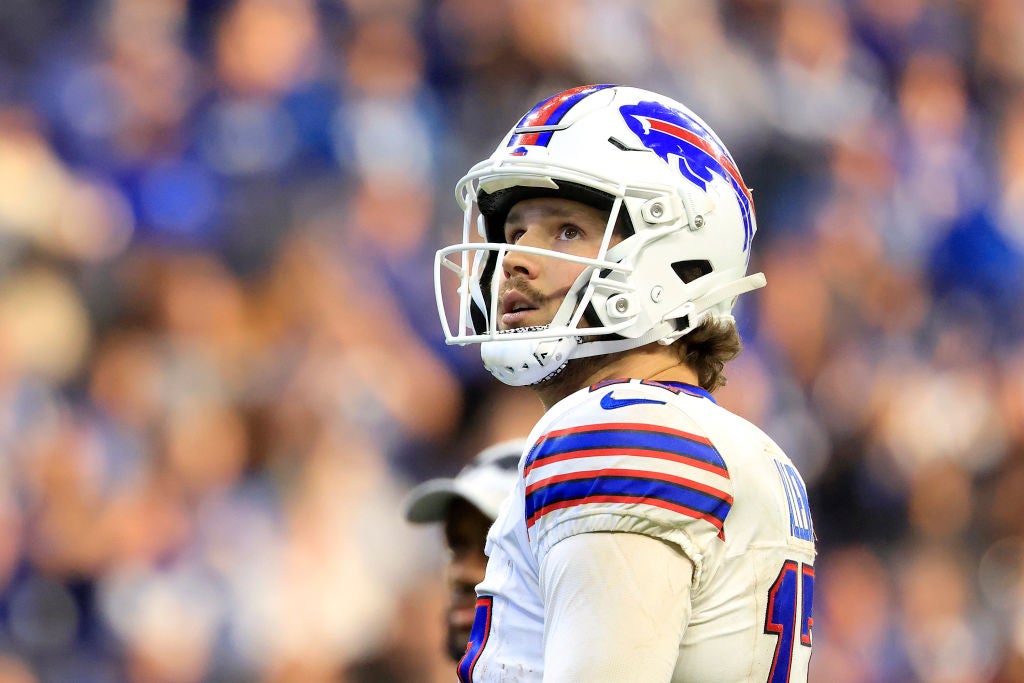 INDIANAPOLIS, INDIANA - NOVEMBER 10: Josh Allen #17 of the Buffalo Bills looks on during the fourth quarter against the Indianapolis Colts at Lucas Oil Stadium on November 10, 2024 in Indianapolis, Indiana. (Photo by Justin Casterline/Getty Images)