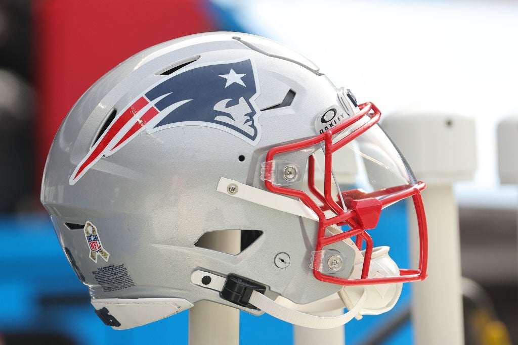 CHICAGO, ILLINOIS - NOVEMBER 10: A detail of a New England Patriots helmet prior to the game against the Chicago Bears at Soldier Field on November 10, 2024 in Chicago, Illinois. (Photo by Michael Reaves/Getty Images) Patriots 2025 opponents