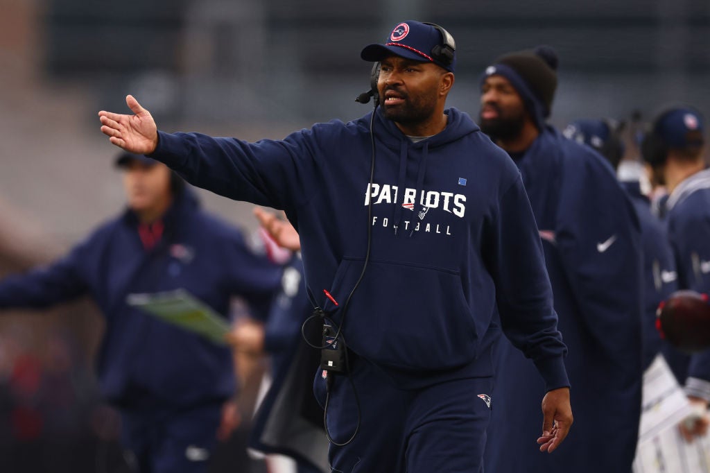 FOXBOROUGH, MASSACHUSETTS - DECEMBER 28: Head coach Jerod Mayo of the New England Patriots reacts during the third quarter against the Los Angeles Chargers at Gillette Stadium on December 28, 2024 in Foxborough, Massachusetts. (Photo by Maddie Meyer/Getty Images)