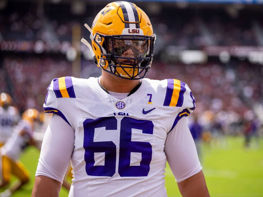 Sep 14, 2024; Columbia, South Carolina, USA; LSU Tigers offensive tackle Will Campbell (66) warms up before a game against the South Carolina Gamecocks at Williams-Brice Stadium. Credit: Scott Kinser-Imagn Images