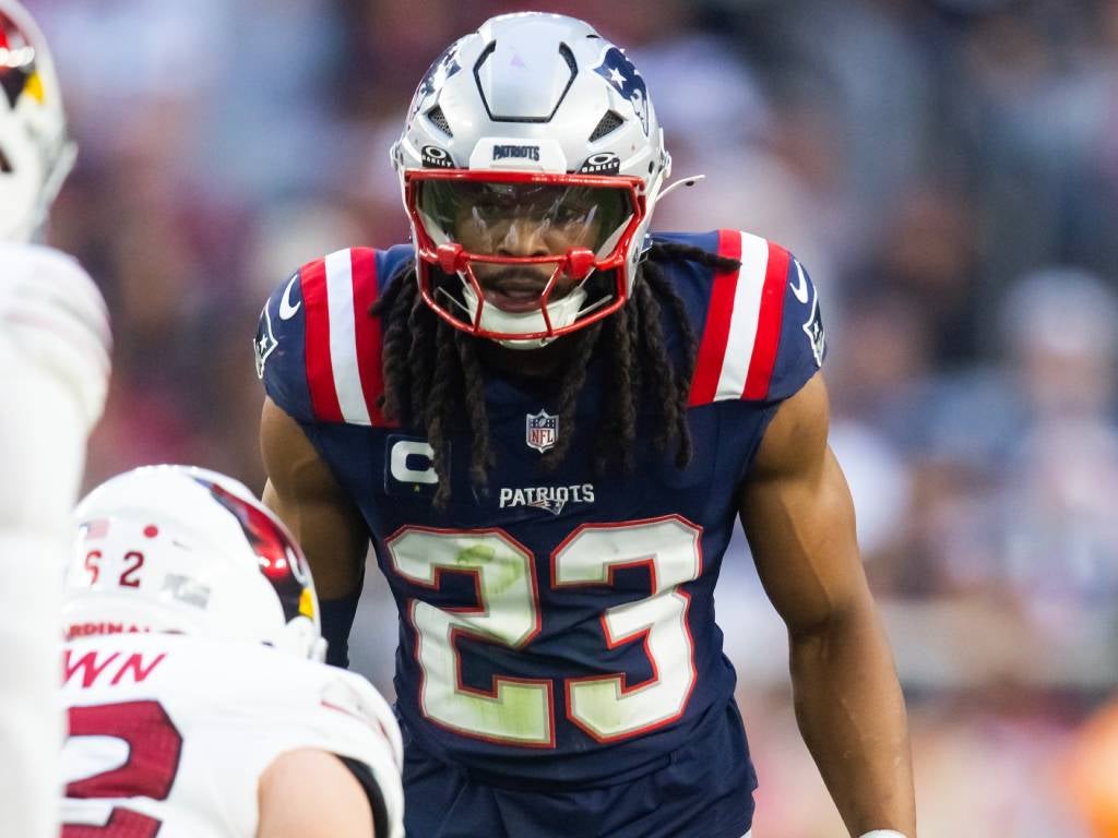 Dec 15, 2024; Glendale, Arizona, USA; New England Patriots safety Kyle Dugger (23) against the Arizona Cardinals at State Farm Stadium. Credit: Mark J. Rebilas-Imagn Images