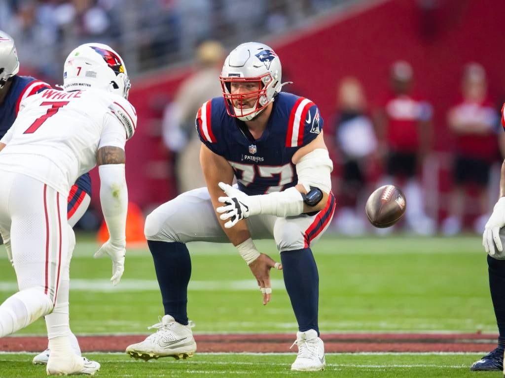 Dec 15, 2024; Glendale, Arizona, USA; New England Patriots center Ben Brown (77) against the Arizona Cardinals at State Farm Stadium. Mandatory Credit: Mark J. Rebilas-Imagn Images