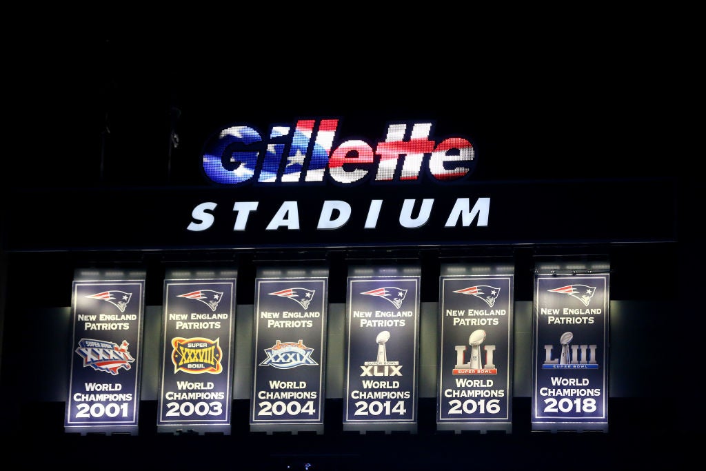 FOXBOROUGH, MASSACHUSETTS - SEPTEMBER 08: The Super Bowl Championship banners hang over Gillette Stadium before the game between the New England Patriots and the Pittsburgh Steelers at Gillette Stadium on September 08, 2019 in Foxborough, Massachusetts. (Photo by Maddie Meyer/Getty Images)