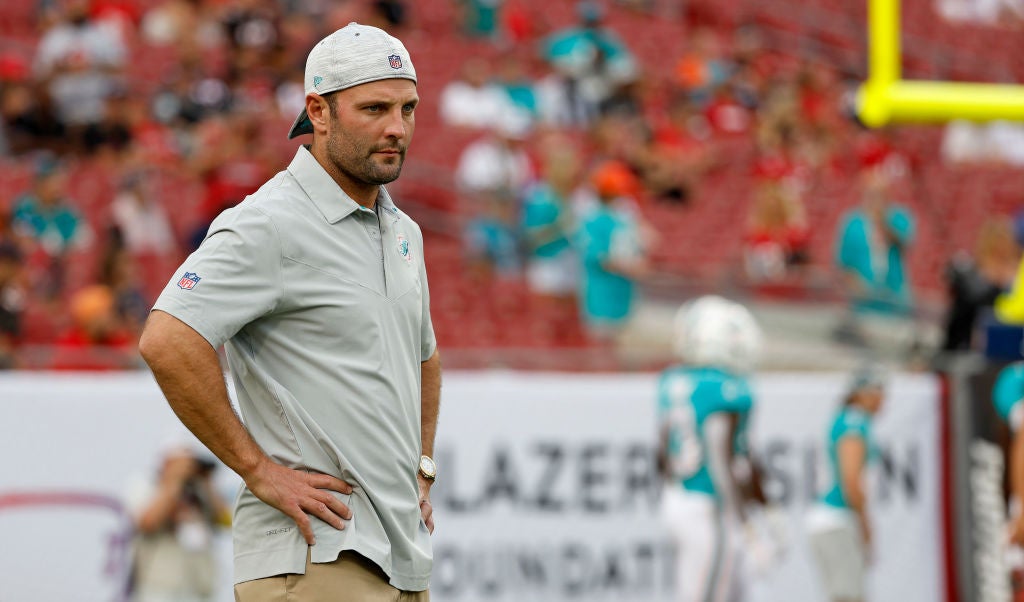 TAMPA, FLORIDA - AUGUST 13: Wide receivers coach Wes Welker of the Miami Dolphins looks on during a preseason game against the Tampa Bay Buccaneers at Raymond James Stadium on August 13, 2022 in Tampa, Florida. (Photo by Mike Ehrmann/Getty Images)