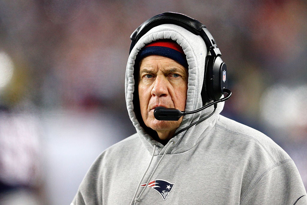 FOXBORO, MA - JANUARY 20: Head coach Bill Belichick of the New England Patriots looks on against the Baltimore Ravens during the 2013 AFC Championship game at Gillette Stadium on January 20, 2013 in Foxboro, Massachusetts. (Photo by Jim Rogash/Getty Images)