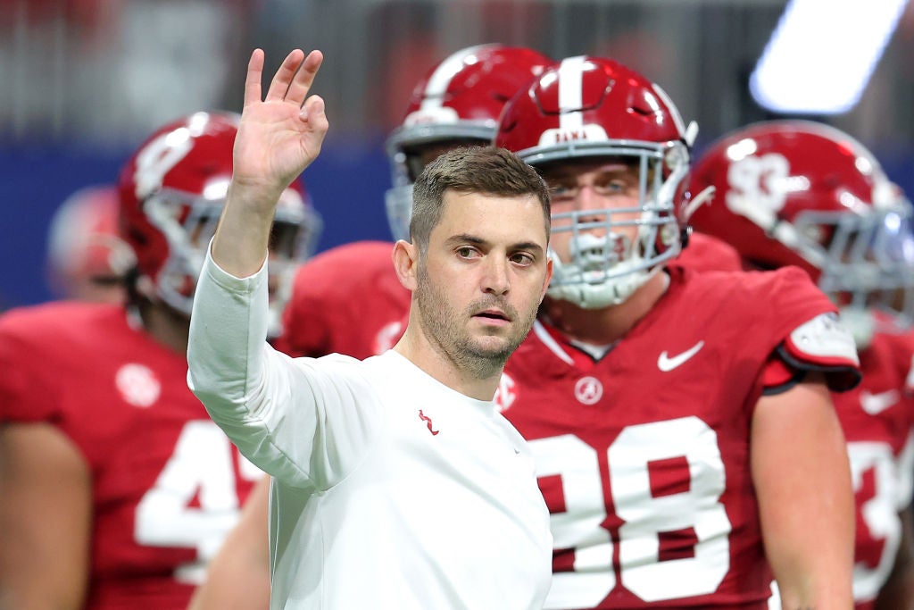 ATLANTA, GEORGIA - DECEMBER 02: Offensive coordinator Tommy Rees of the Alabama Crimson Tide looks on during warm ups prior to the SEC Championship game against the Georgia Bulldogs at Mercedes-Benz Stadium on December 02, 2023 in Atlanta, Georgia. (Photo by Kevin C. Cox/Getty Images)