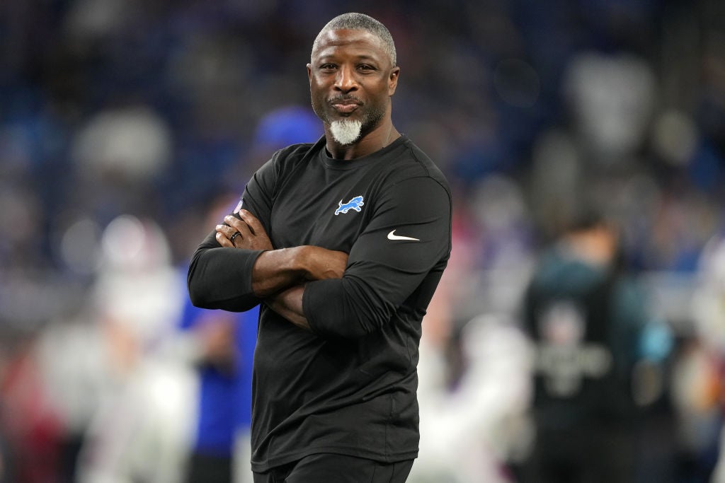 DETROIT, MICHIGAN - DECEMBER 15: Aaron Glenn, defensive coordinator for the Detroit Lions is seen during warmups before the game against the Buffalo Bills at Ford Field on December 15, 2024 in Detroit, Michigan. (Photo by Nic Antaya/Getty Images)