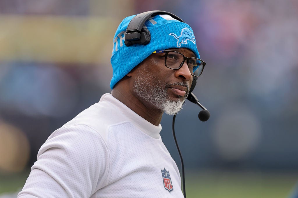 Patriots CHICAGO, ILLINOIS - DECEMBER 22: Defensive coordinator Aaron Glenn of the Detroit Lions looks on during the second half against the Chicago Bears at Soldier Field on December 22, 2024 in Chicago, Illinois. (Photo by Michael Reaves/Getty Images)