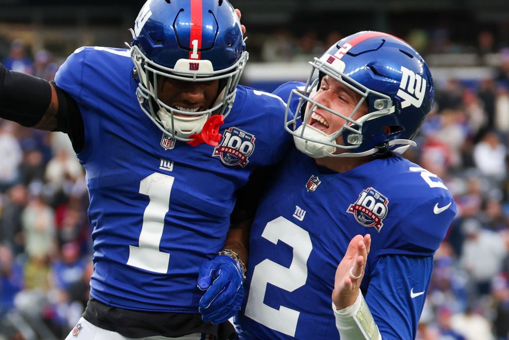 EAST RUTHERFORD, NEW JERSEY - DECEMBER 29: Malik Nabers #1 and Drew Lock #2 of the New York Giants celebrate after a touchdown during the fourth quarter at MetLife Stadium on December 29, 2024 in East Rutherford, New Jersey. (Photo by Ed Mulholland/Getty Images)