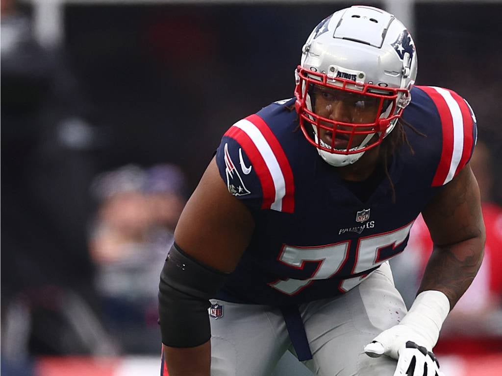 FOXBOROUGH, MASSACHUSETTS - DECEMBER 28: Demontrey Jacobs #75 of the New England Patriots lines up against the Los Angeles Chargers  at Gillette Stadium on December 28, 2024 in Foxborough, Massachusetts. (Photo by Maddie Meyer/Getty Images)