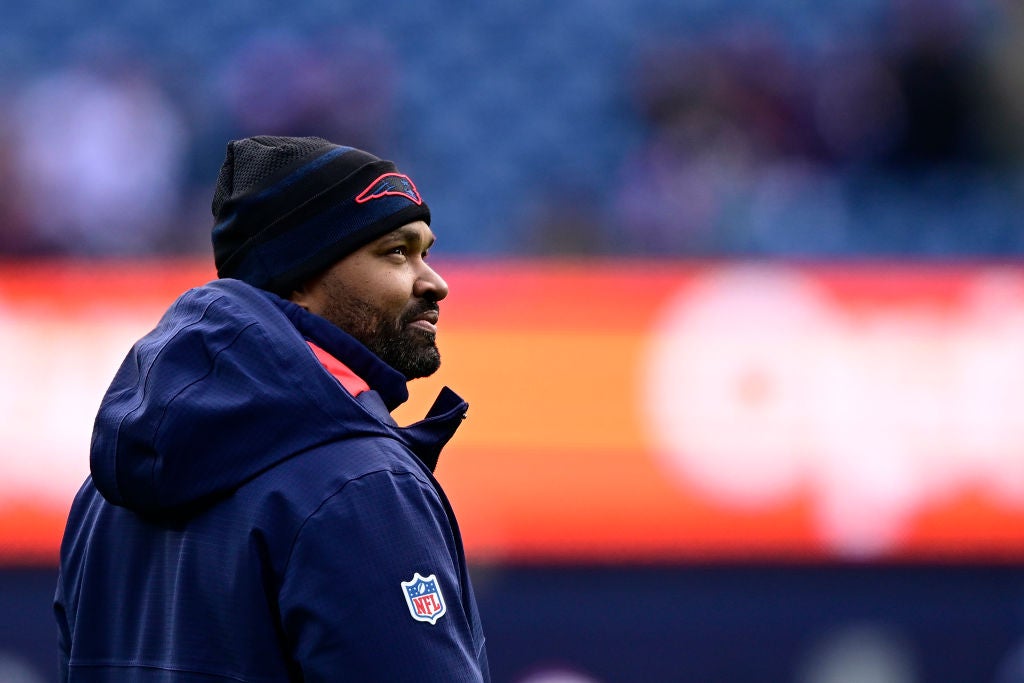 FOXBOROUGH, MASSACHUSETTS - JANUARY 05: Head coach Jerod Mayo of the New England Patriots looks on before the game against the Buffalo Bills at Gillette Stadium on January 05, 2025 in Foxborough, Massachusetts. (Photo by Billie Weiss/Getty Images)