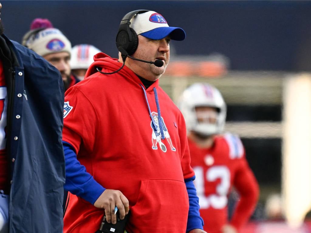 Dec 1, 2024; Foxborough, Massachusetts, USA; New England Patriots offensive coordinator Alex Van Pelt works on the sideline during the second half against the New England Patriots at Gillette Stadium. Mandatory Credit: Eric Canha-Imagn Images