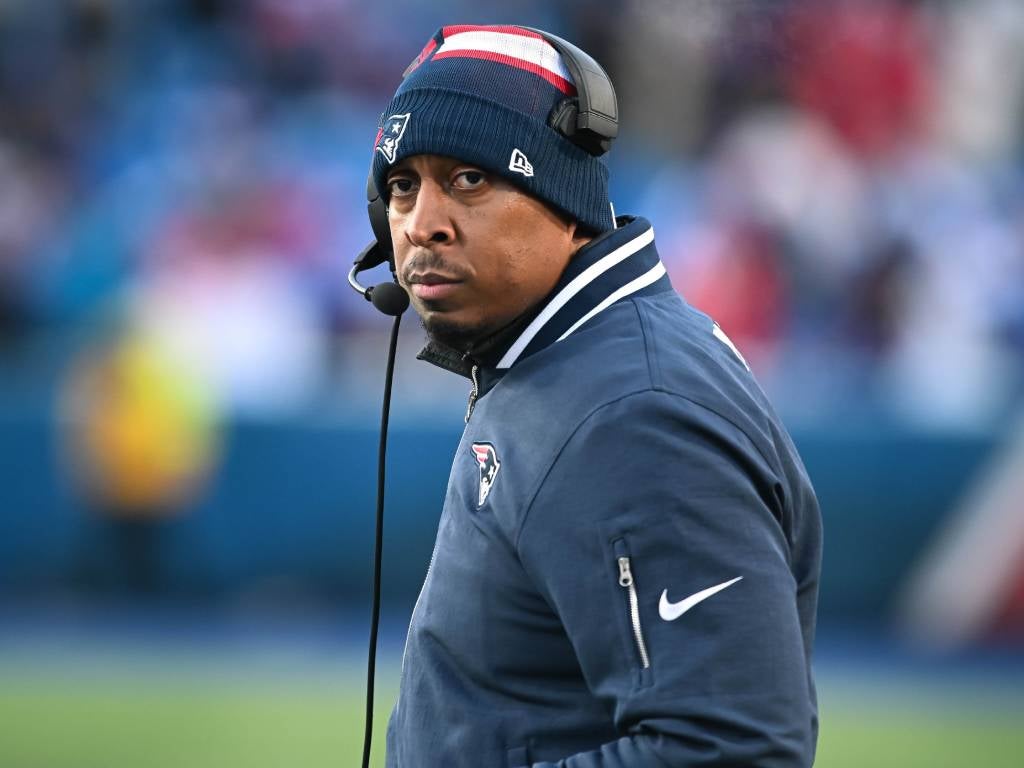 Dec 22, 2024; Orchard Park, New York, USA; New England Patriots defensive coordinator Demarcus Covington on the field before a game against the Buffalo Bills at Highmark Stadium. Mandatory Credit: Mark Konezny-Imagn Images