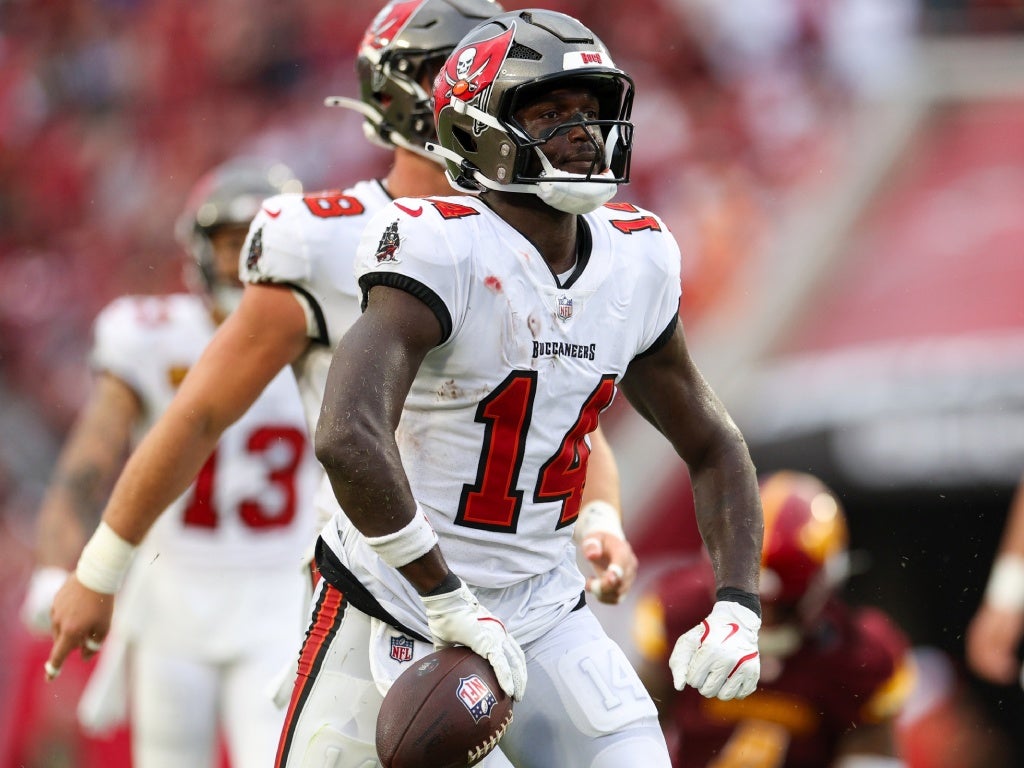 Sep 8, 2024; Tampa, Florida, USA; Tampa Bay Buccaneers wide receiver Chris Godwin (14) reacts after a play against the Washington Commanders in the fourth quarter at Raymond James Stadium. Mandatory Credit: Nathan Ray Seebeck-Imagn Images