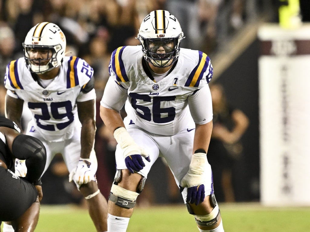 Oct 26, 2024; College Station, Texas, USA; LSU Tigers offensive tackle Will Campbell (66) lines up during the second half against the Texas A&M Aggies. The Aggies defeated the Tigers 38-23; at Kyle Field. Mandatory Credit: Maria Lysaker-Imagn Images.