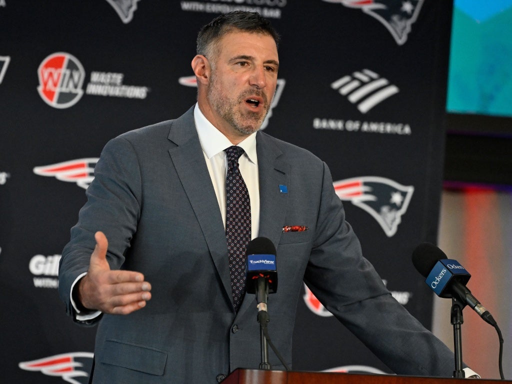 Jan 13, 2025; Foxborough, MA, USA; Mike Vrabel addresses media at a press conference to announce his hiring as the head coach of the New England Patriots at Gillette Stadium. Mandatory Credit: Eric Canha-Imagn Images