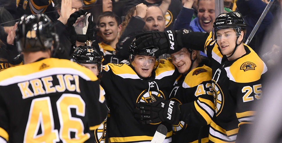 Ryan Donato celebrates his first NHL goal for the Boston Bruins against the Columbus Blue Jackets at the TD Garden on March 19, 2018 in Boston, Massachusetts. (Photo by Steve Babineau/NHLI via Getty Images)