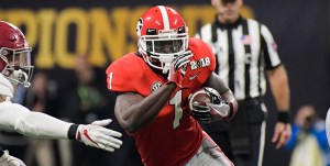 Jan 8, 2018, Atlanta, GA, USA: Georgia Bulldogs running back Sony Michel runs the ball past Alabama Crimson Tide linebacker Christian Miller during the third quarter in the 2018 CFP national championship college football game at Mercedes-Benz Stadium. (Photo Credit: Kirby Lee-USA TODAY Sports)