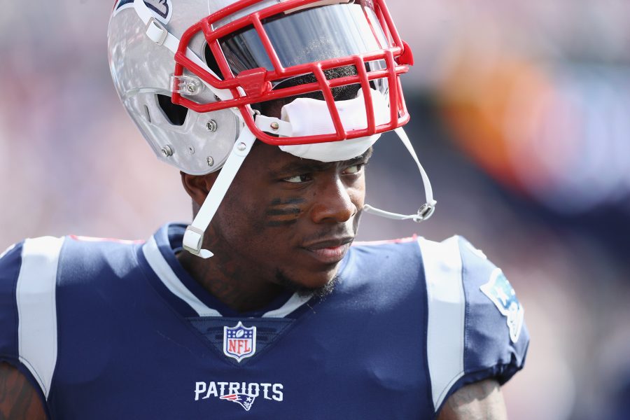 Josh Gordon of the New England Patriots looks on during the first half against the Miami Dolphins at Gillette Stadium on September 30, 2018 in Foxborough, Massachusetts. (Photo by Maddie Meyer/Getty Images)