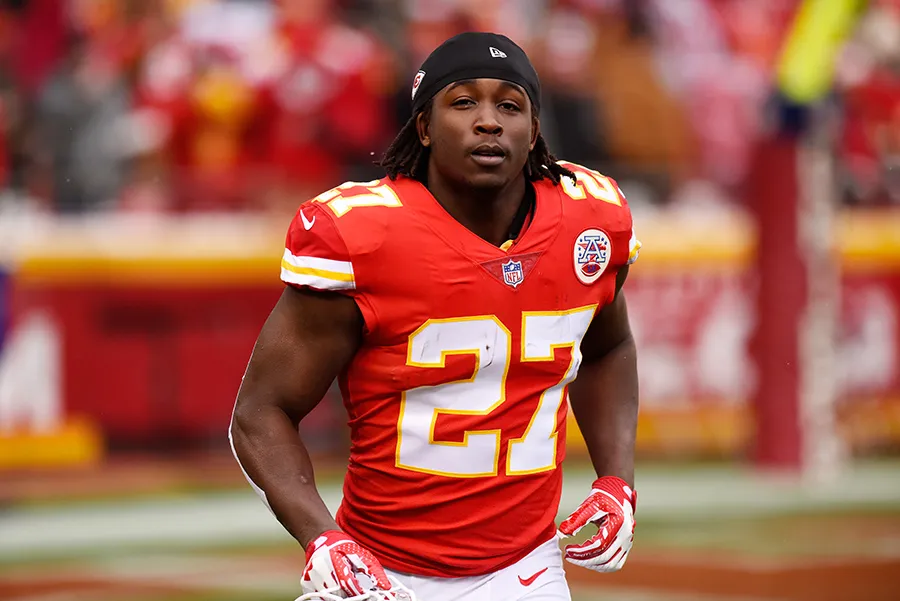 KANSAS CITY, MO - DECEMBER 24: Running back Kareem Hunt of the Kansas City Chiefs runs to the sidelines just before kickoff in the game against the Miami Dolphins at Arrowhead Stadium. ( Photo by Jason Hanna/Getty Images )