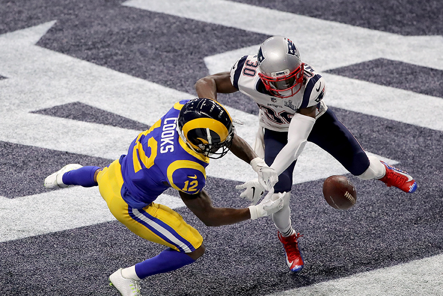 ATLANTA, GA - FEBRUARY 03: Brandin Cooks of the Los Angeles Rams drops a pass in the endzone as he is defended by Jason McCourty of the New England Patriots in the second half during Super Bowl LIII at Mercedes-Benz Stadium. (Photo by Elsa/Getty Images)