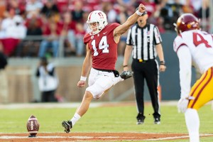 Stanford punter Jake Bailey executes a kickoff. (Courtesy Stanford University Athletics)