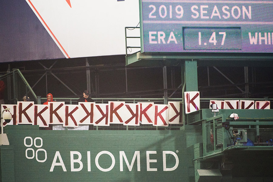 Seventeen "K" signs are hung up in the eighth inning for Chris Sale's (not pictured) of the Boston Red Sox career high strikeouts against the Colorado Rockies at Fenway Park on May 14, 2019 in Boston, Massachusetts. (Photo by Kathryn Riley /Getty Images)