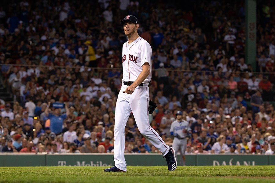 Chris Sale of the Boston Red Sox exits the game against the Los Angeles Dodgers during the fifth inning at Fenway Park on July 13, 2019 in Boston, Massachusetts. (Photo by Rich Gagnon/Getty Images)