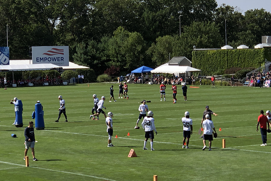 The New England Patriots practice during training camp on August 2, 2019 in Foxborough, Mass. (Matt Dolloff/WBZ-FM)