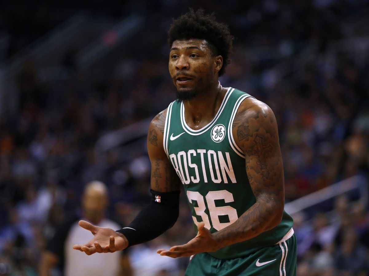 Nov 18, 2019; Phoenix, AZ, USA; Boston Celtics guard Marcus Smart (36) reacts to a foul call in the first half of an NBA game against the Phoenix Suns at Talking Stick Resort Arena. Mandatory Credit: Rick Scuteri-USA TODAY Sports
